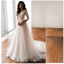 

Pukguro Elegant Wedding Dress 3/4 Sleeves A-Line Lace Appliques Button Belt Sweep Train Tulle Bridal Gown Vestidos De Noiva