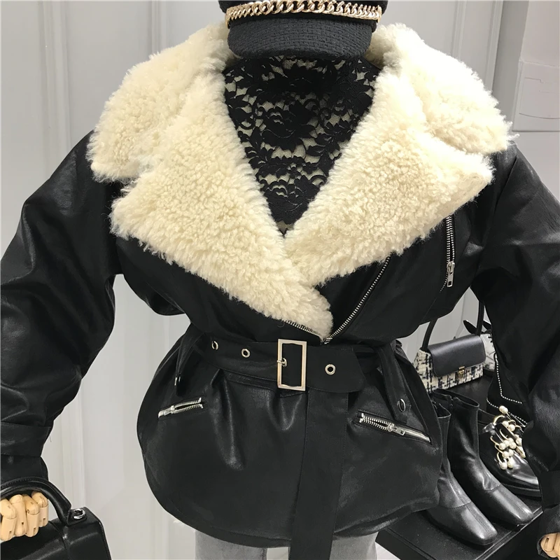 Новинка, зимняя женская куртка из искусственной овчины, черная, теплая, мотоциклетная, уличная, мягкая, мех ягненка, женская кожаная куртка MY251