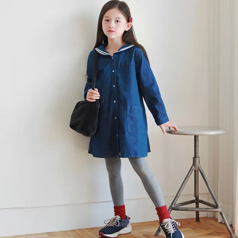 Свободное платье принцессы для малышей осенние детские платья из хлопка для девочек, детское джинсовое платье одежда для подростков мягкая#8001