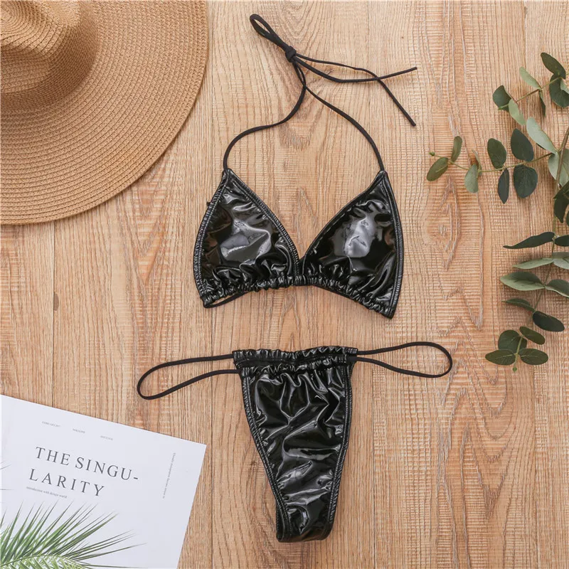 Sexy Bright Leather Bikini Deep V Swimwear Women Swimsuit Halter Push Up Bikini Set Bandage Bathing Suits Summer Beach Wear