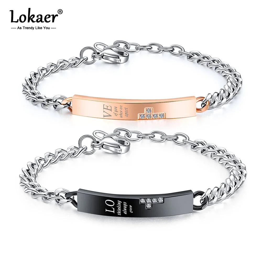 

Lokaer Trendy Titanium Stainless Steel Couple Bracelets Bangles For Lover Mosaic CZ Crystal LOVE Chain & Link Bracelets OGS1019