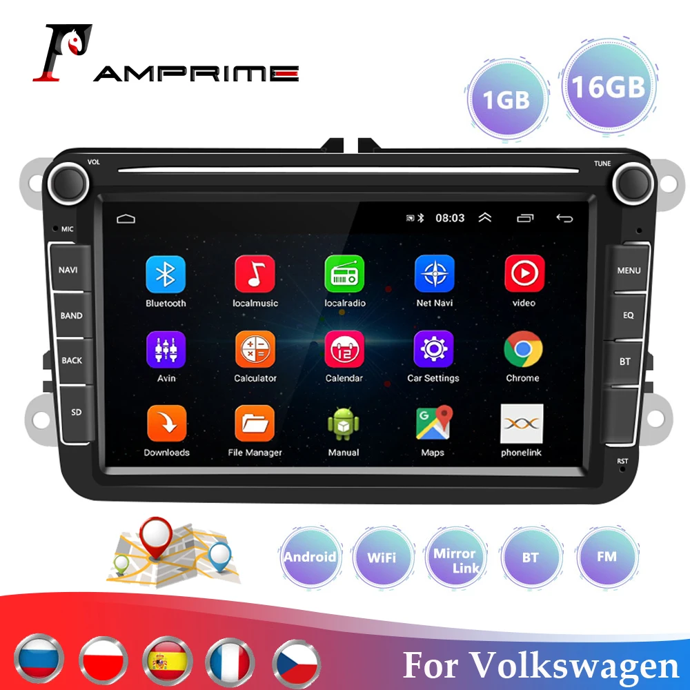 AMPrime-Reproductor de radio multimedia 2 Din para coche, dispositivo con GPS, wifi, USB y Android con pantalla de 7 para Volkswagen, VW, Passat, Polo, Golf, Skoda, Seat Leon