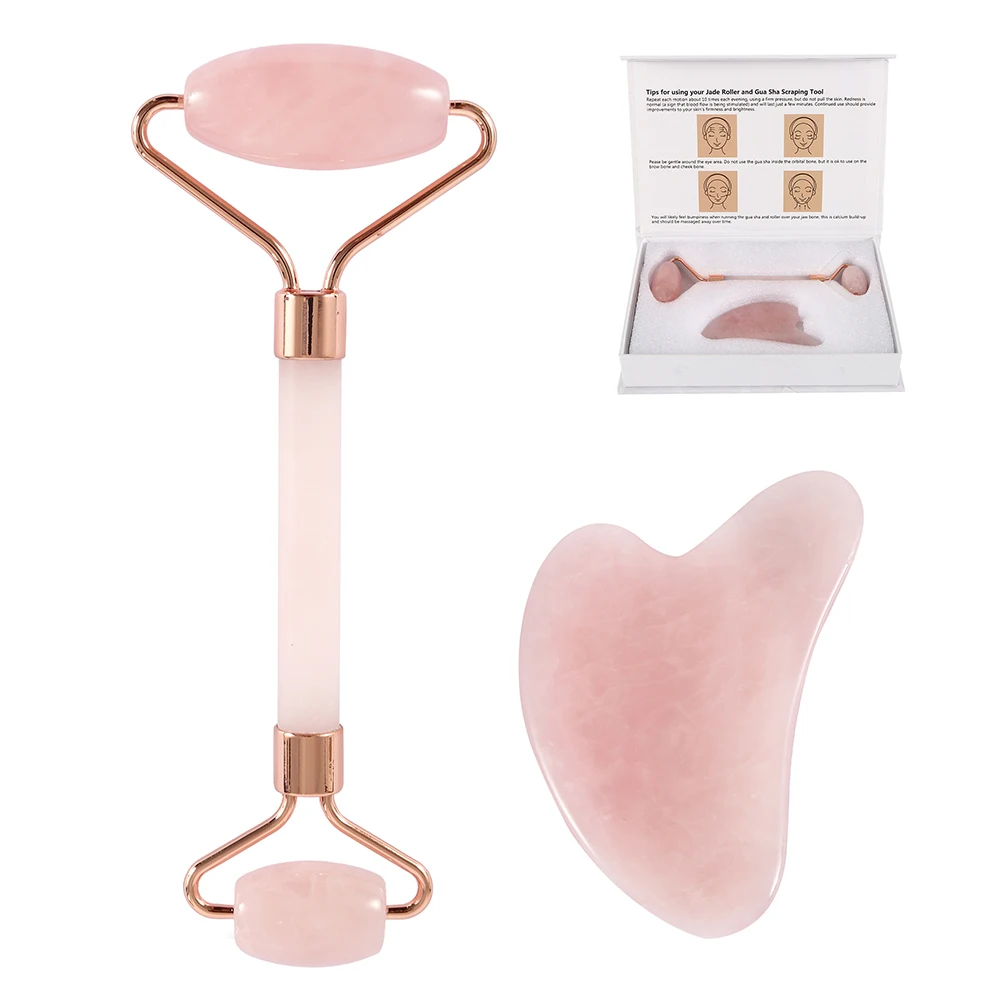 

Face Massager Lifting Slimming Tool Rose Quartz Roller Natural Jade Facial Massage Roller Stone Skin Massage Beauty Care Set Box