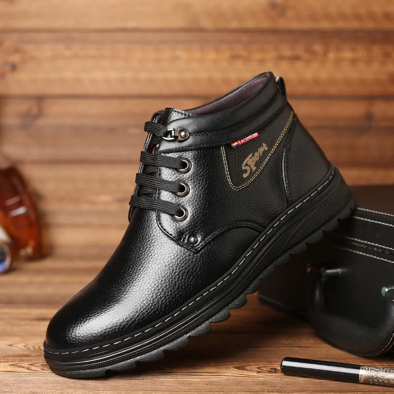 

Wenzhou Brand MEN'S SHOES Fashion Hight-top Lace-up plus Velvet Warm Cotton-padded Shoes Soft Leather Men Snow Boots