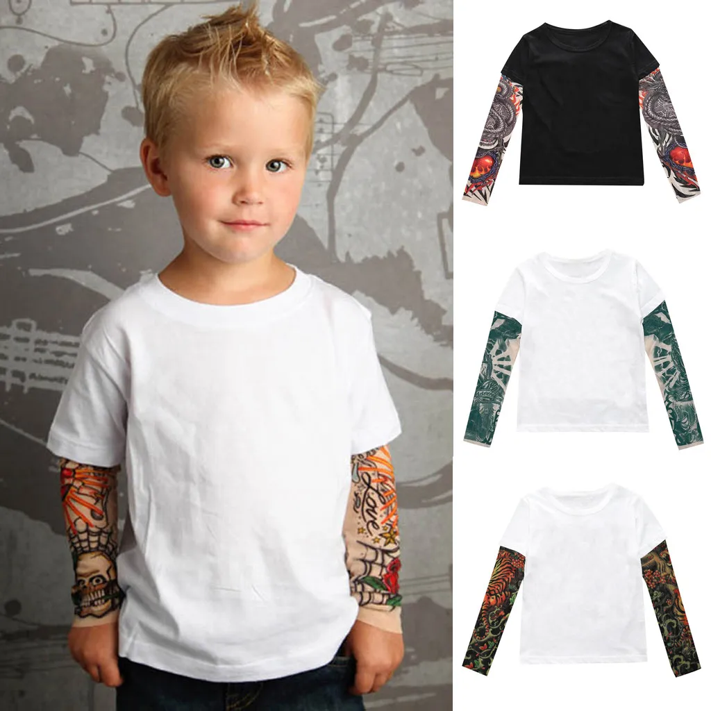 Футболка для маленьких мальчиков с сетчатым Принтом Татуировки, футболка с длинными рукавами, Детская футболка с принтом в стиле хип-хоп