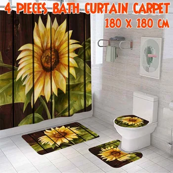 

NEW 2/3/4PCS Stylish Striped Sunflower Shower Curtain and Rug Set Sunflower Bathroom Curtains Bath Mat Carpet for Toilet Decor