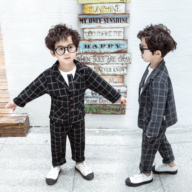 

Children Suit Three-piece Set Spring New Style Fashion Plaid Tie Underwear Single Breasted Coat Handsome Trousers Set