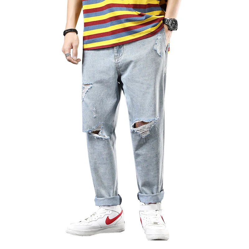 Seller Summer Jeans Men's Fashion Washed Solid Color Casual Ripped Jean Pants Men Streetwear Wild Loose Hip Hop Denim Trousers Mens