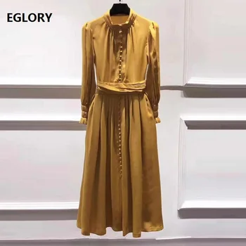 

Top Grade Fashion New 2019 Autumn Women Stand Neck Tunic Buttons Deco 3/4 Sleeve Mid-Calf Length Elegant Dark Blue Yellow Dress