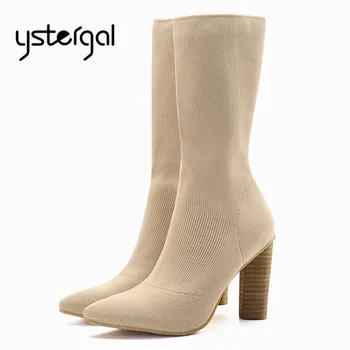

Knitting Sock Boots Pointed Toe Round High Heel Ankle Boots Women Stretch Fabric High Boot Slim Fit Autumn Botas Mujer