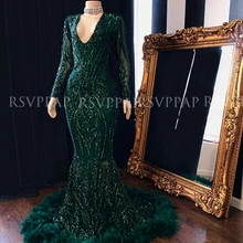 Длинное Элегантное платье для выпускного вечера es Русалка v-образным вырезом с длинным рукавом изумрудно-зеленая блесток африканская темнокожая девушка платье с перьями для выпускного вечера