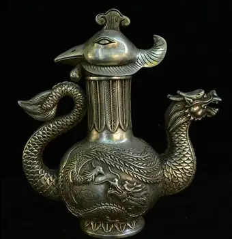 

9" Chinese Dynasty Palace Silver Dragon Phoenix Wine Tea Pot Flagon Teapot Stoup