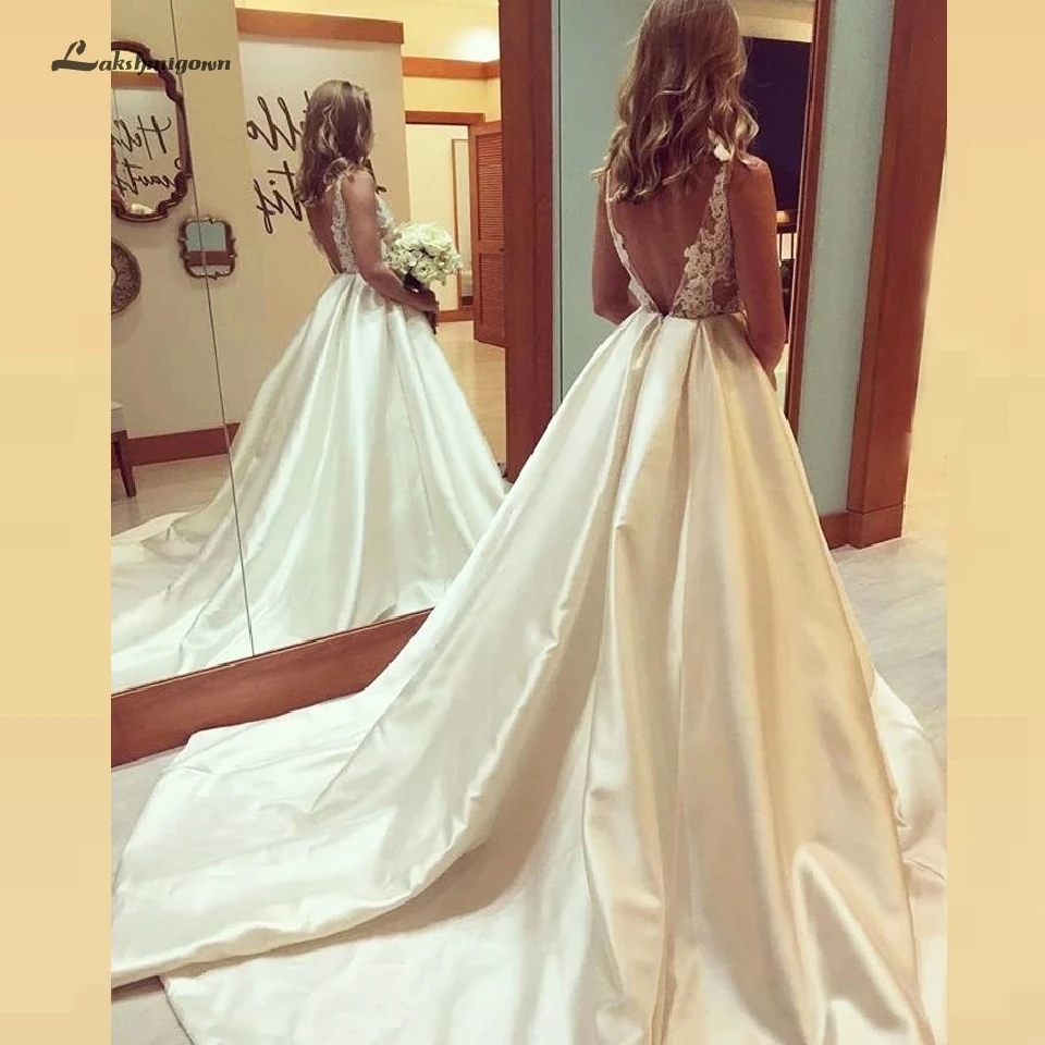 

Lakshmigown V Back Satin Wedding Dress A Line Sheer Illusion Lace Bridal Gown Open Back Sexy Mariage Wedding Gowns 2019