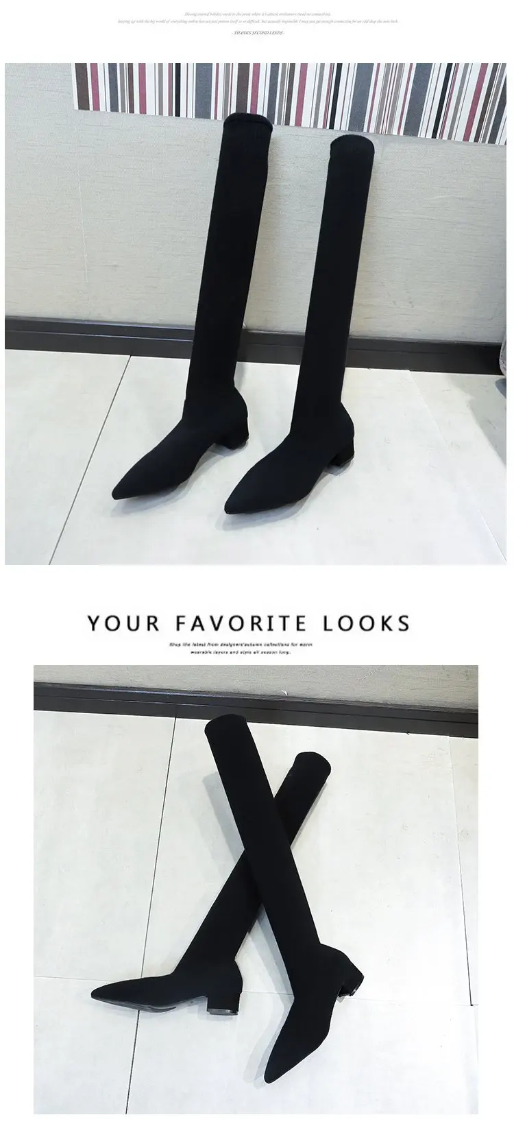 Сапоги-чулки выше колена из трикотажной ткани; цвет черный, серый; женская зимняя обувь; коллекция года; женские сапоги с острым носком на тонком толстом низком каблуке