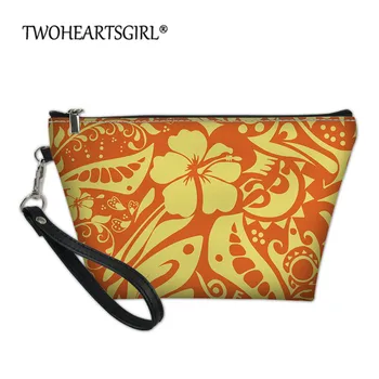 

Twoheartsgirl PU Cosmetic Case Polynesian With Hawaii Flower Print Make-up Bag Women Multifunction Cosmetic Organizer Bag