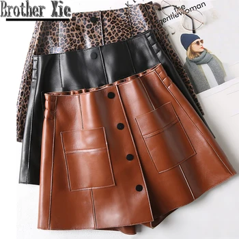 

Spring Shorts Skirts Women Sheepskin Genuine Leather Shorts Black Brown Leopard Print High Waist Pocket Female Sexy Hot Shorts
