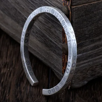

MYTHIC AGE Real 925 Sterling Silver Vintage Ethnic Tribal Fish Flower Pattern Bangle Bracelet for Women Jewelry Gift Girl