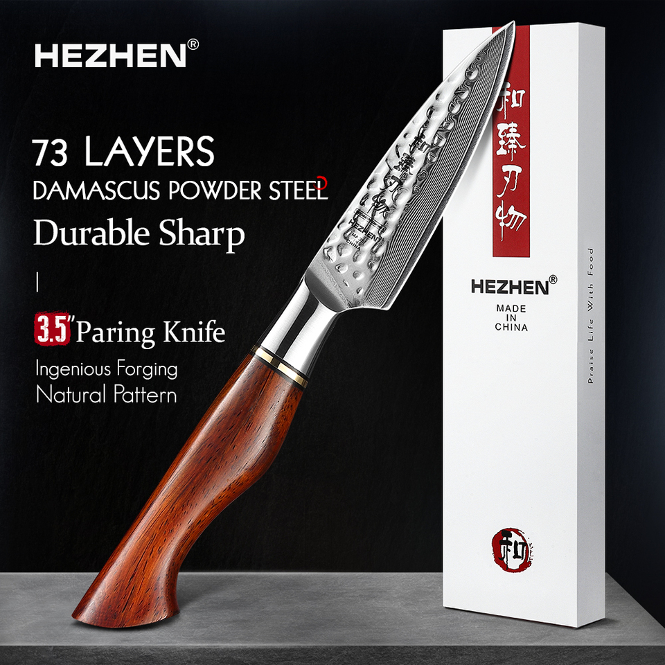 HEZHEN 3.5 Inch Paring Knife 73 Layers Powder Steel Damascus Steel Natural Rosewood Handle Kitchen Accessories WIth Gift Box