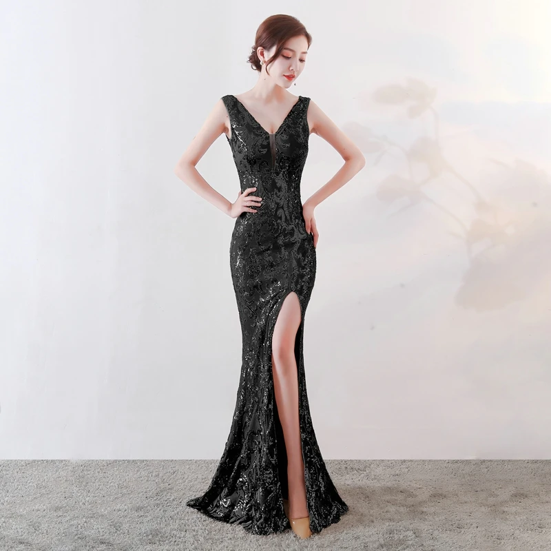YIDINGZS прозрачные вечерние платья с v-образным вырезом и блестками, сексуальные длинные вечерние платья YD1202 - Цвет: Черный