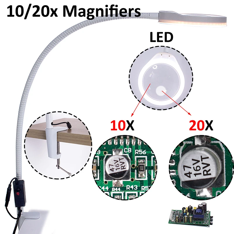  Magnifying glass with led lights 10/20X clip table magnifier third hand soldering magnifier for sma - 4000065336662