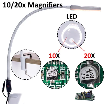 

Magnifying glass with led lights 10/20X clip table magnifier third hand soldering magnifier for smartphone jewelry magnifier