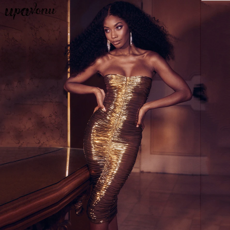 Sexy Women's 2019 Winter Gold PU Strapless Backless Strapless Dress Club Clothing Party Dress Vestiods