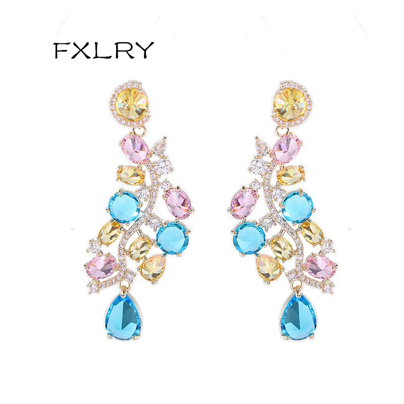 

FXLRY Elegant Colorful Cubic Zirconia Dazzling Flower Drop Earrings For Women Party Jewelry