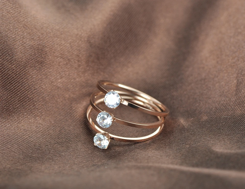 ZooMango Rose Gold Color Engagement 3 Layers CZ Crystal Finger Rings For Women Girls Wedding Rings Anillos Body Jewelry ZR18038