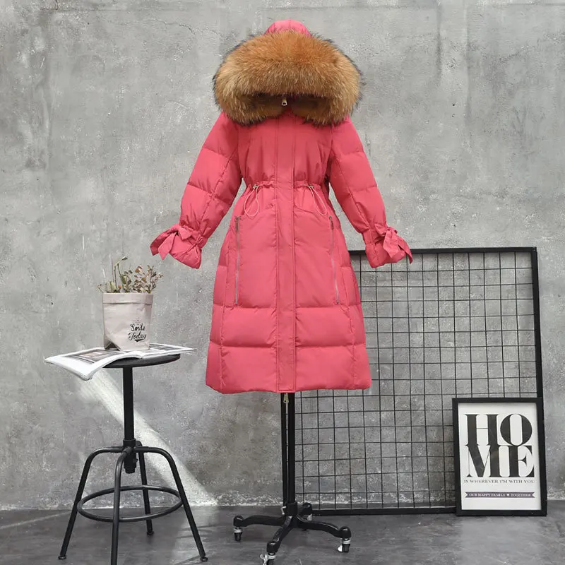 red khaki fur SINGRAIN Long Women Hooded Down Jacket Raccoon Real Fur Collar Warm Overcoat Fashion Thick Outerwear Winter White Duck Down Coat - Цвет: red khaki fur