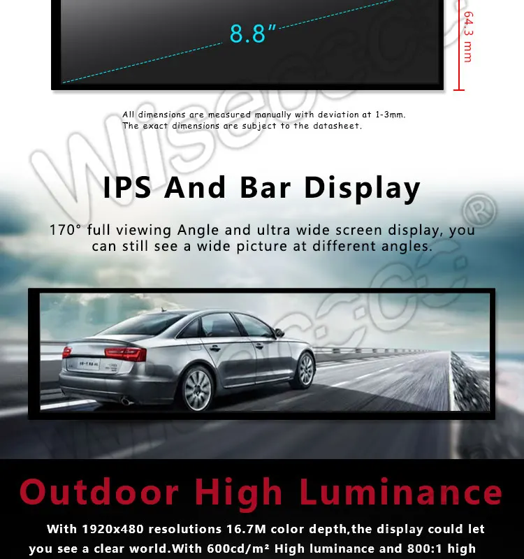 New 8.8 inch 1920*480 LCD screen 600cd/m2 with HDMI board for car Rear view mirror GPS free shipping HSD088IPW1-A00