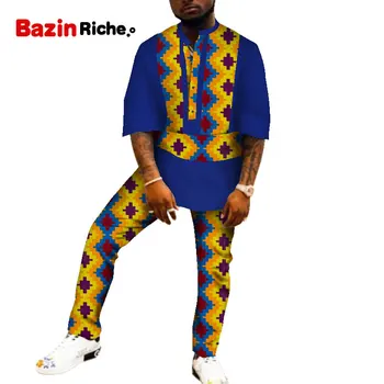

WYN1050 Casual Two Pcs African Men T Shirt Pant Suit 2020 Lastest Type Patchwork Bazin Pattern Party Wedding Men Clothing Suit