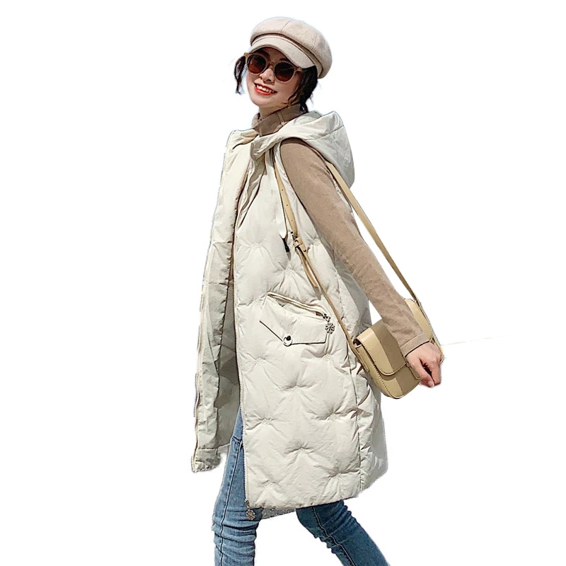 

2023 Autumn Winter New Vest Women Sleeveless Down Cotton Coat Korean Fashion Zipper Pockets Loose Long Hooded Waistcoat Feminina
