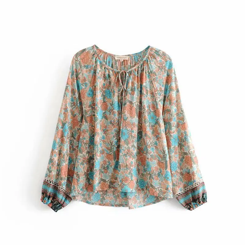 

Women Long Sleeve Shirts Summer Top O-Neck Floral Print Boho Shirt Female Tops Vintage Streetwear Elegant Blouse Women Clothes