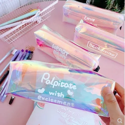 

Simple girl's heart net Hongyuan Sufeng square transparent laser pencil bag large capacity stationery bag pencil box