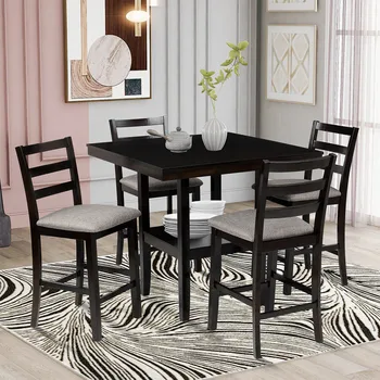 

5-Pcs Dining Table Set Wooden Counter Height Dining Set with Padded Chairs and Storage Shelving Home Kitchen Furniture Table Set