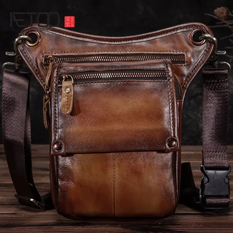 

AETOO Head leather retro trend bag, multi-functional men's shoulder bag, leather slant bag, casual sports leg bag
