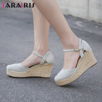 

SARAIRIS Natural Suede Heels Sandals Women Summer High Wedges Sandals Ladies New Brand Straw Platform Shoes