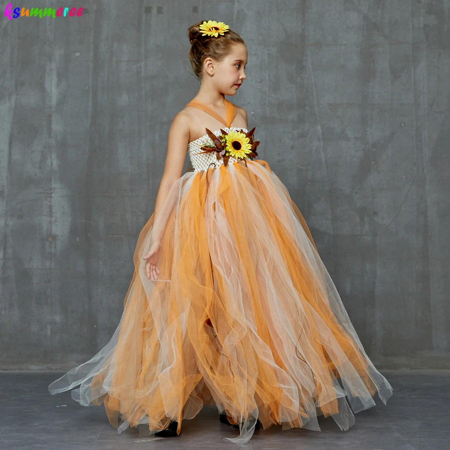 Осеннее цветное платье-пачка для девочек; осеннее детское платье с фатиновой юбкой и цветком в виде пугалы на свадьбу; эффектный красивый костюм на Хэллоуин, день рождения для девочек