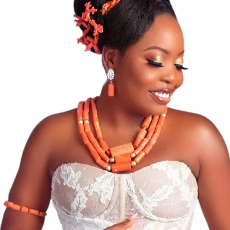 DUDO Store African Jewelry Coral Beads 3 Layers Genuine Orange / Red White Available Pieces Earrings Bracelet and Necklace | Украшения и