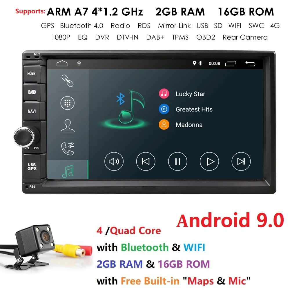 Top 7 Inch 2 DIN Universal Car MP5 player Android 9.0 Auto Radio Touch screen GPS Stereo Audio Support DAB DVR OBD2  BT Rear camera 1
