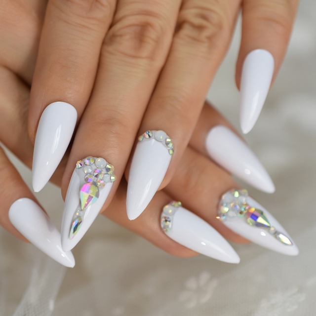 Black Reusable False Nail Pre design Gems Decorated Stiletto Press On Easy Wear Artificial Nails Art Fake Extension Tips