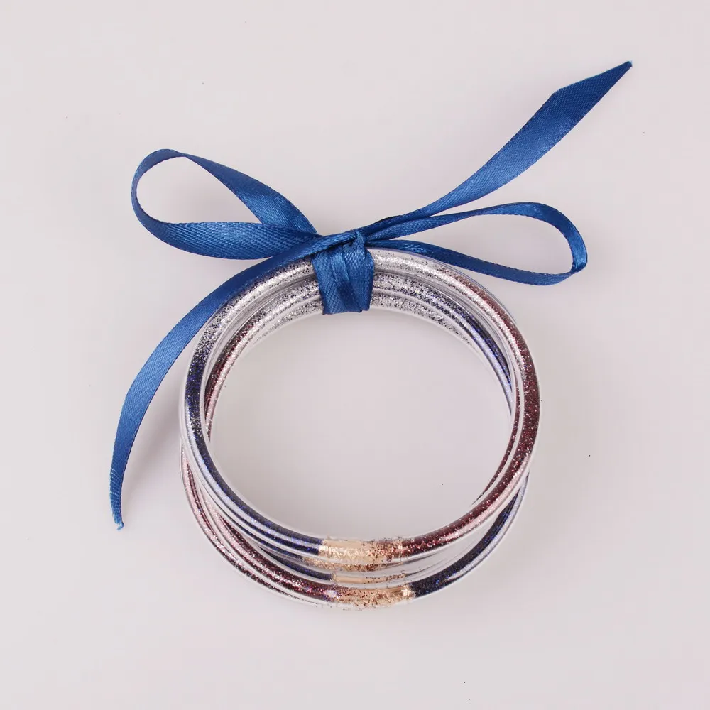 JB0586 blue silver Дождевые 5 шт./компл. бант буквы веревки заполнены Набор браслетов всепогодный стек силиконовый пластик; желеобразная масса браслеты - Окраска металла: JB0586 blue silver