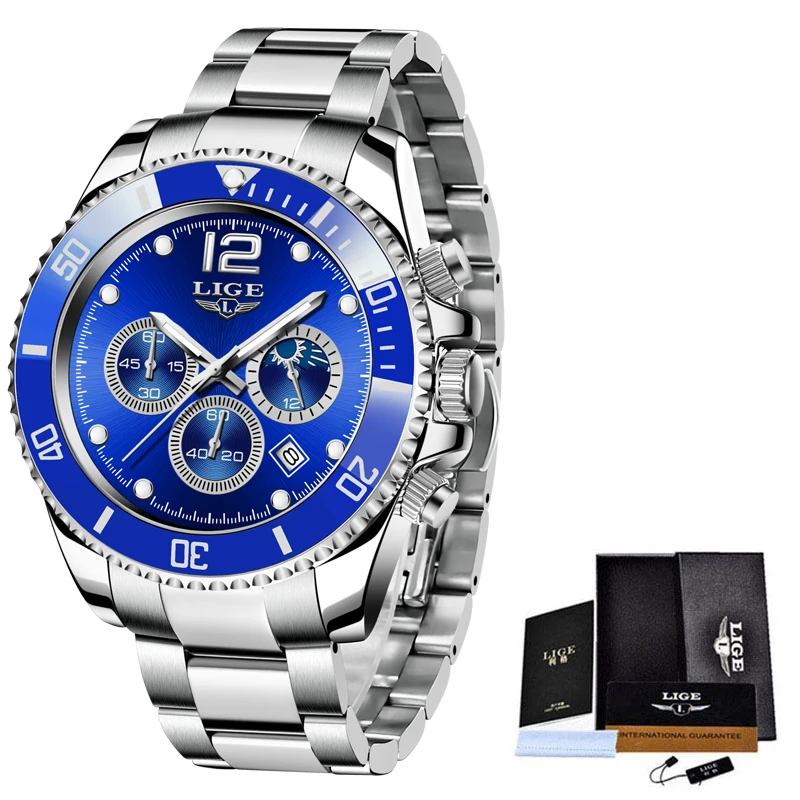 LIGE Luxury Waterproof Sports Chronograph Men's Watch with Stainless Steel Design & Gift Box