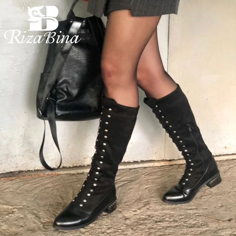RIZABINA, размеры 32-48, женские сапоги до колена модная зимняя теплая обувь женские Офисные высокие сапоги на молнии обувь на каблуке с Плюшевым Мехом