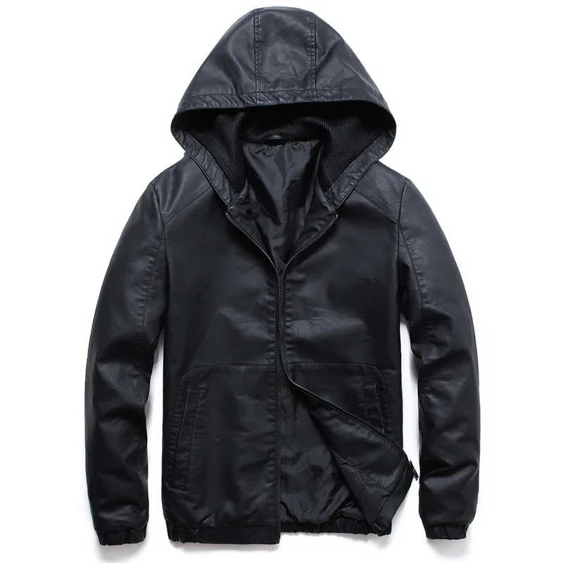 

Season Men Removable Knitting Lian Cap Pu Leather Jacket Big Code Leisure Black Trend Leather Coat