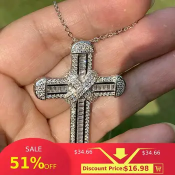 

Lucky Cross Pendant Luxury Jewelry 925 Sterling Silver Princess Cut White Clear 5A Cubic Zirconia Party Chain Necklace For Women