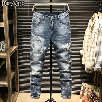 

POVOTE brand jeans retro nostalgic straight pants Skull Pattern men's jeans pants motorcycle jeans trend design