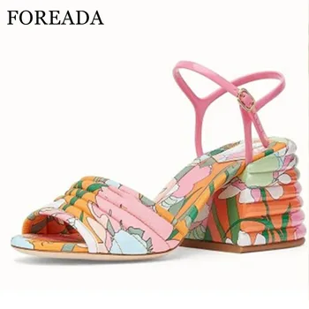 

FOREADA Natural Genuine Leather Sandals Thick High Heel Shoes Buckle Strap Sandals Kid Suede Open Toe Flower Ladies Shoes 33-44