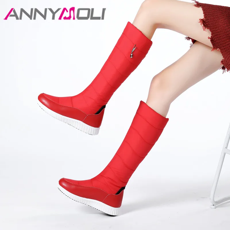 

ANNYMOLI Flat Platform Snow Boots Woman Knee High Boots Round Toe Long Boots Metal Decoration Ladies Shoes Winter Warm Beige 44
