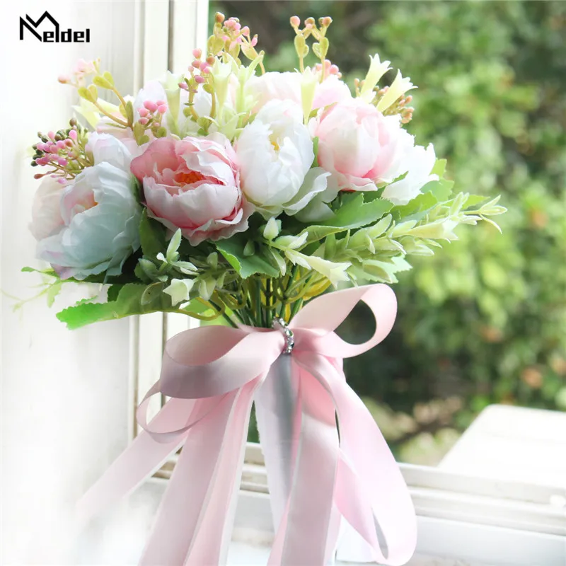 Meldel Bridal Wedding Bouquet Flower Bridesmaids Holder Artificial Silk Peony Pink Flower Bouquet Handmade Peony Wedding Decor